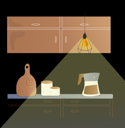 Cozy kitchen interior with cooking devices, cupboard and dishes. Flat style vector illustration.のイラスト素材