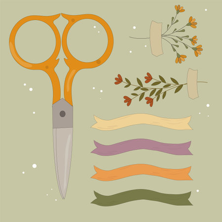Vector of cute elements, small scissors, decorative flowers.のイラスト素材