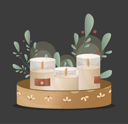 Beautiful honey candle with a sprig of mistletoe. Festive home decor. Cozy burning candle for the Christmas holidays. Modern hand-drawn vector illustration. flat style. isolated on a white background.のイラスト素材