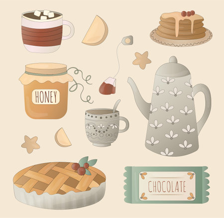Tea time cute set. Teapot, cups, jam, berries, cinnamon, muffin and pie. hot drinks. home comfort. Cozy autumn collection. Vector cartoon illustration isolated on the white background.のイラスト素材