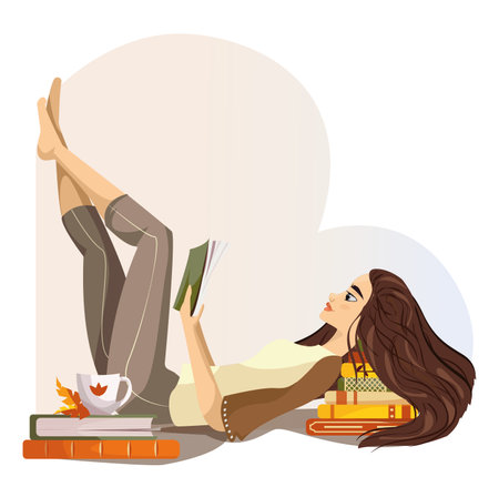Young woman reads a book on couch at cozy home. The girl sitting on the sofa, reading a book and resting. Female daily lifestyle vector illustration. Character in modern flat art style for your designのイラスト素材