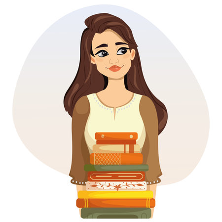 beautiful girl holding books in her hands. cozy and warm illustrationのイラスト素材