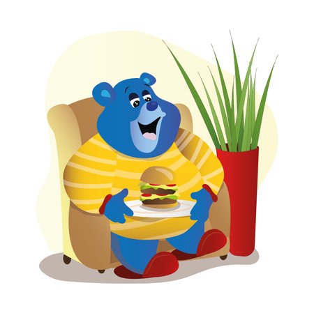 cute bear from gummy bears cartoon sitting on chair with hamburgerのイラスト素材
