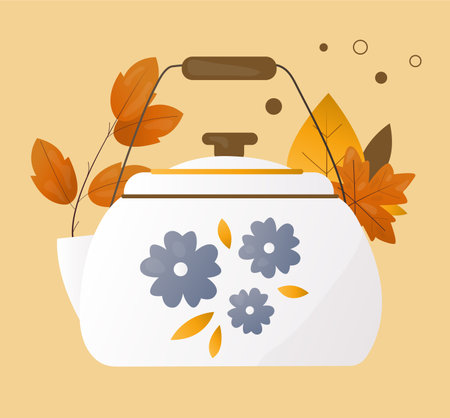 white teapot with blue flowers decorated with autumn leavesのイラスト素材