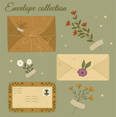 delicate vintage envelopes with floral elements illustrationのイラスト素材