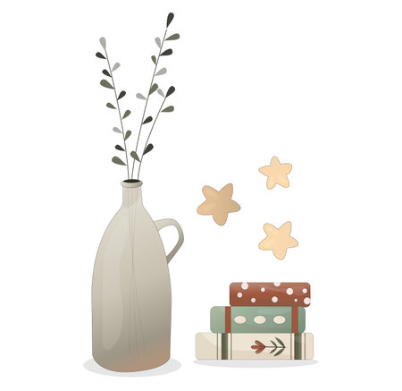 Set of hygge attributes, furniture and home decorations isolated on light background - fireplace, pillows, turntable with playing vinyl record, girl sitting in cozy armchair. vector illustration.のイラスト素材