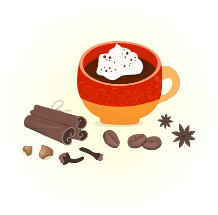 Cute red cup (hot chocolate, coffee) with cream and candy on chocolate background and textのイラスト素材