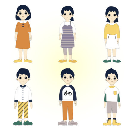 Set of happy kids in different clothes. Pupils with books and backpacks. vector.Set of preschoolers children teenagers characters in different poses,clothes,wear. Children fashion models.Kids apparel.のイラスト素材