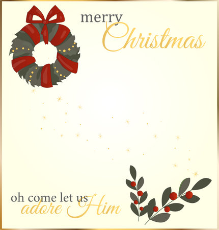 Christmas wreath with holly berries, mistletoe, pine and fir branches, cones, rowan berries. Xmas and happy new year postcard. Vector illustration, holiday party invitationのイラスト素材