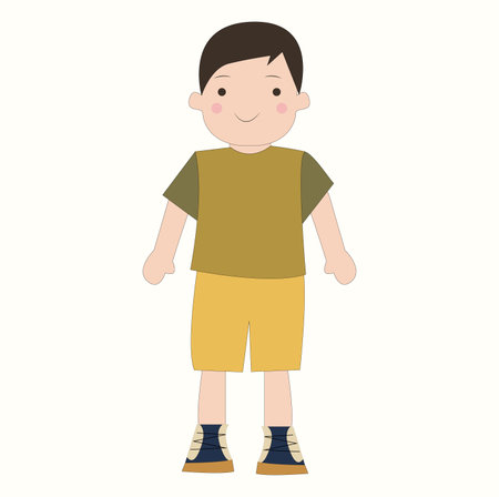 Dark-haired little boy, preschool age in overalls. isolated. cartoon style. vector illustration.のイラスト素材