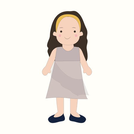 Cute girl in dress. Little model with dark hairstyle. Funny girl character. Funny princess illustration. cartoon teens. Glamor baby. fashion kids.のイラスト素材
