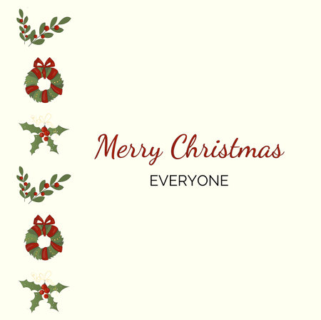 Christmas wreath with holly berries, mistletoe, pine and fir branches, cones, rowan berries. Xmas and happy new year postcard. Vector illustration, holiday party invitationのイラスト素材