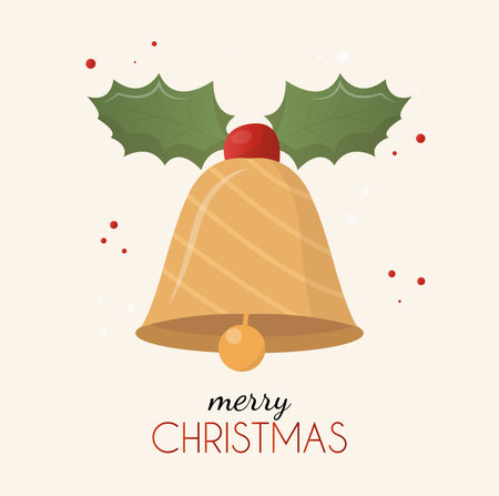 christmas bell with bowtie. Christmas card with a cute bell and sprigs of mistletoeのイラスト素材