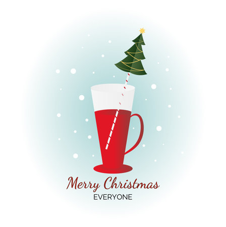 Christmas card with red cup of coffee, whipped cream and Christmas caramel candy. Hot drink with snowflake. vector illustration isolated on white background. Xmasのイラスト素材