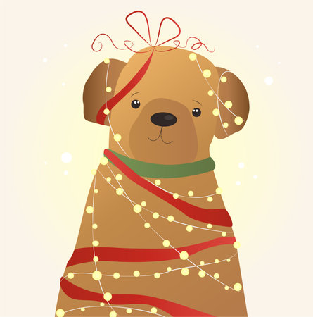 Happy dog with a Christmas garland. congratulations on a new year of christmas.のイラスト素材