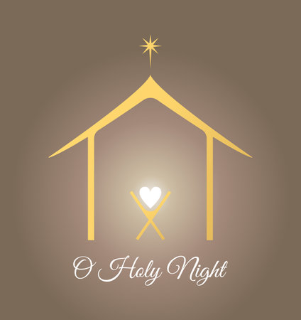 Birth of Christ. Baby Jesus in the manger. holy family. Star of Bethlehem - east comet. Nativity graphics design with light pastel gradient. Merry christmas card.のイラスト素材