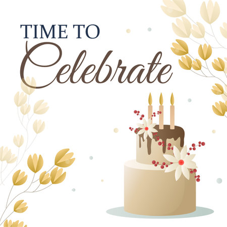 Birthday card with cake, flowers, candles and wishing. Hand drawn cartoon vector color outline...