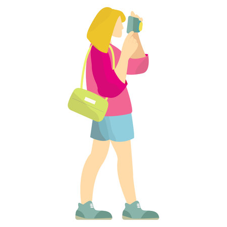 tourist characters. Young couple family, tourists traveling with backpacks and bags, suitcases. Summer vacation people isolated vector. Illustration of summer tourist character, woman and manのイラスト素材