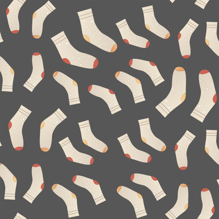 Knitted warm socks with scandinavian ornament. Bright vector seamless pattern. Simple cartoon flat style. Cozy Autumn or Winter backdrop for textile, wrapping paper, wallpaper.のイラスト素材
