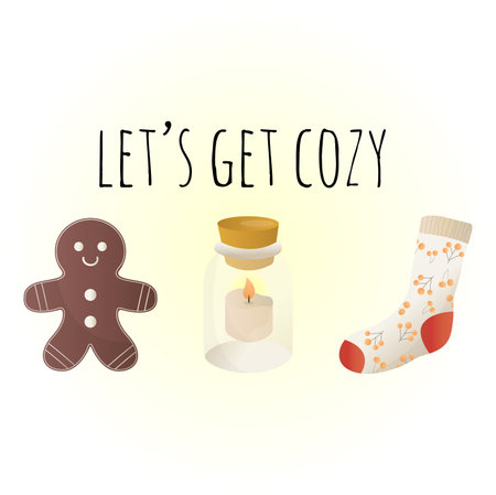 Set of cozy things. Hygge. An armchair, a fireplace, warm clothes, hot drinks, a pie, autumn leaves and more. Flat vector illustration in the style of a doodle.のイラスト素材