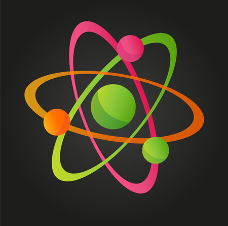 The atomic structure vector consists of protons, neutrons and electrons orbiting the nucleus.のイラスト素材