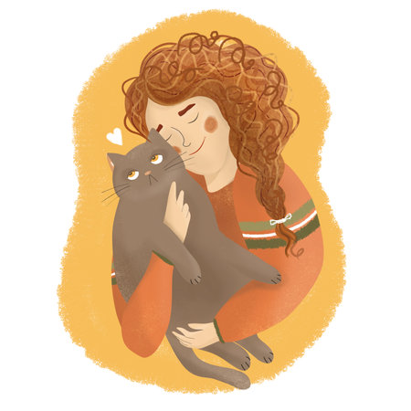 Girl holding a kitten in her arms. Warm and cozy illustrationの写真素材
