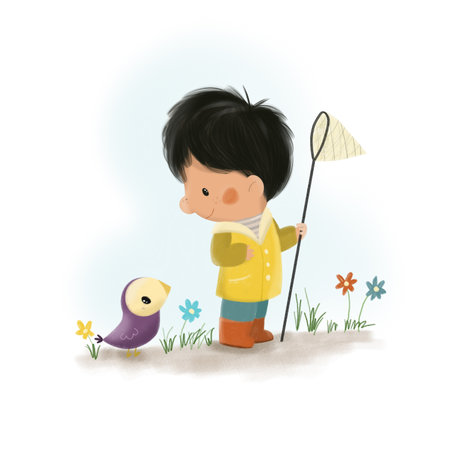 Illustration of a Kid Boy A boy and a little birdの写真素材