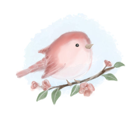 Watercolor illustration with pink bird sitting on tree branch. Hand painted illustrationの写真素材