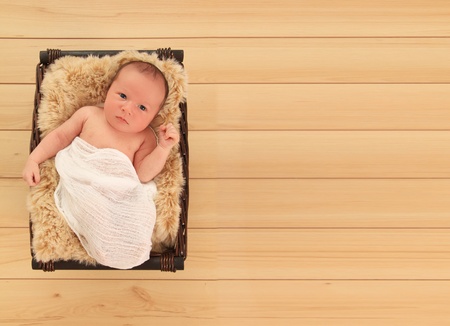 Newborn baby boy awake in a basket. の写真素材