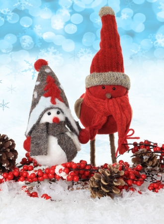 Christmas winter bird ornaments in snow の写真素材