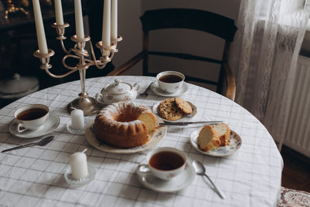 A cup of coffee and cakes on the table at home in the morningの写真素材