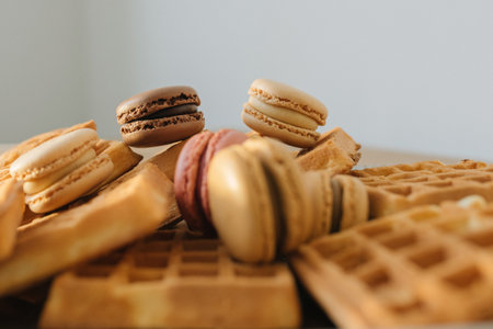 Macaroons and waffles on a wooden table. Close up.