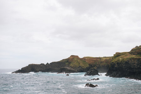 View of the coastline of the island of Flores, Azores, Portugalの写真素材