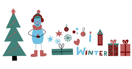 winter elements for wrapping paper. snowman and christmas tree on white background. vector Illustrationのイラスト素材