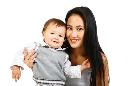 Happy mother and baby. Isolated on white background.の写真素材
