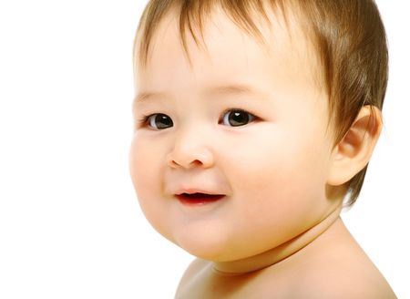 Adorable happy baby. Isolated on white background.の写真素材