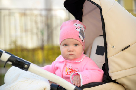 A small child on a walk in a stroller in the spring. A girl in pink clothesの写真素材