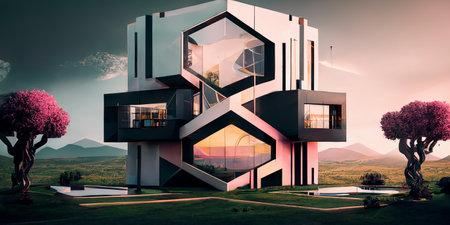 3D render of a modern house with a beautiful landscaping.の素材