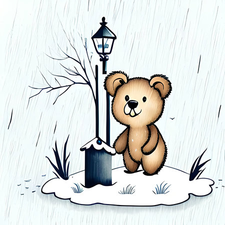 Cute Teddy Bear Standing Alone on Rainy Day, Muted Watercolors Generative Aiの素材