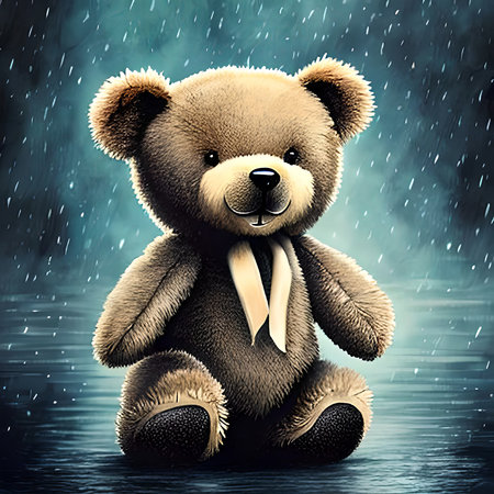Cute Teddy Bear Standing Alone on Rainy Day, Muted Colors Generative Aiの素材