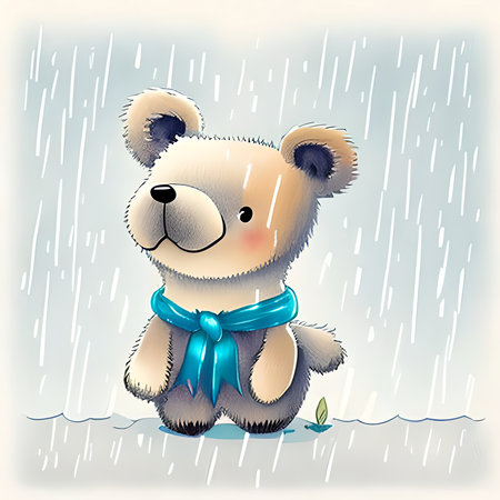 Cute Teddy Bear Standing Alone on Rainy Day, Muted Watercolors Generative Aiの素材
