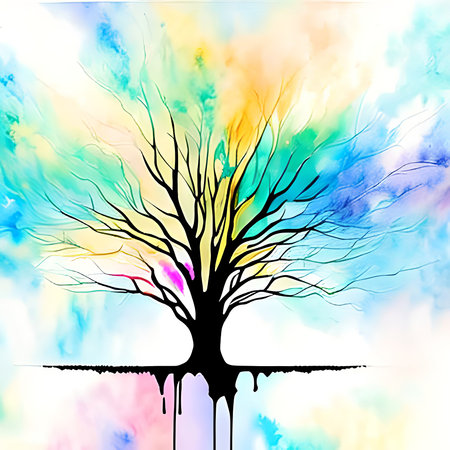 Silhouette of a Tree Against a Background Galaxy Map as Tree, Muter Watercolorsの素材