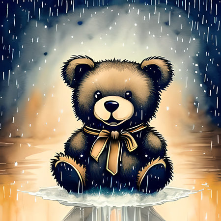 Cute Teddy Bear Standing Alone on Rainy Day, Muted Colors Generative Aiの素材