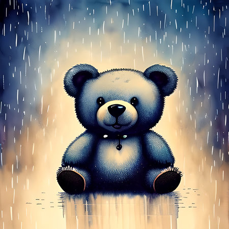 Cute Teddy Bear Standing Alone on Rainy Day, Muted Colors Generative Aiの素材