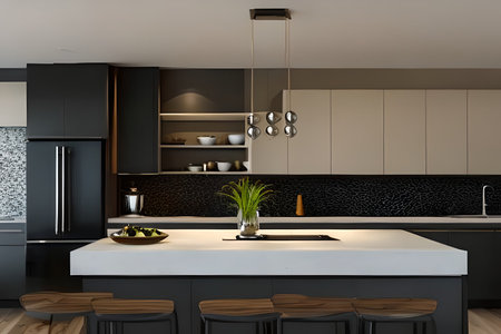 Interior of modern kitchen, comfortable lifestyle, 3d Render illustrationの素材