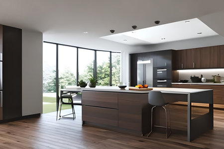Interior of modern kitchen, comfortable lifestyle, 3d Render illustrationの素材
