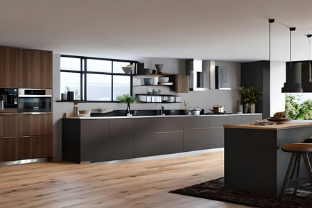 Interior of modern kitchen, comfortable lifestyle, 3d Render illustrationの素材