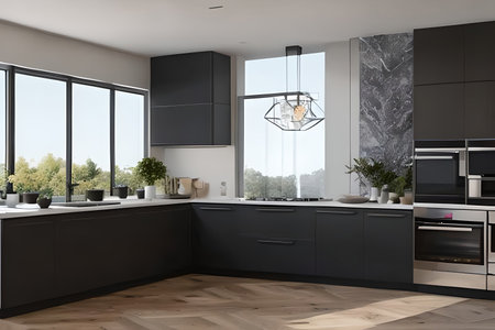 Interior of modern kitchen, comfortable lifestyle, 3d Render illustrationの素材