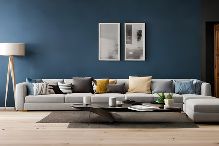 A modern living room with a sofa, table and artwork on the wallの素材