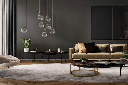 A modern living room with a sofa, table and artwork on the wallの素材